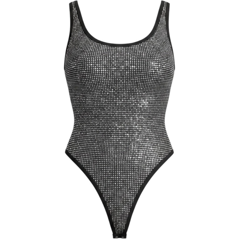 Lizette Collection Womens XL Black Bodysuit Silver Rhinestone Embellished Scoop